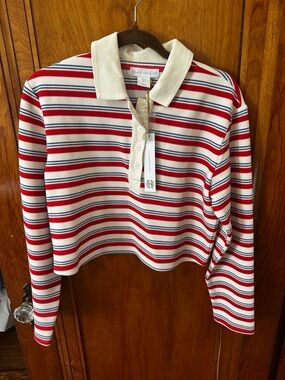 House of Harlow Striped Knit Polo Top in Red, Navy & Cream